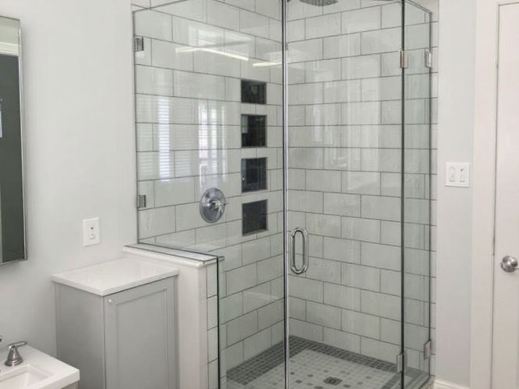 Modern bathroom with custom frameless shower enclosure installed near Natick, MA.