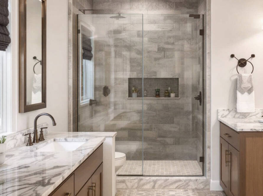 A custom shower door design enhancing the modern look of a bathroom.