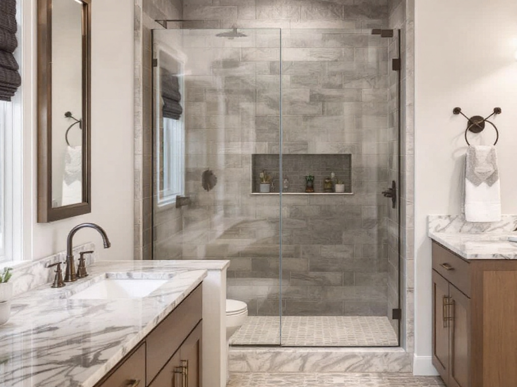 A custom shower door design enhancing the modern look of a bathroom.