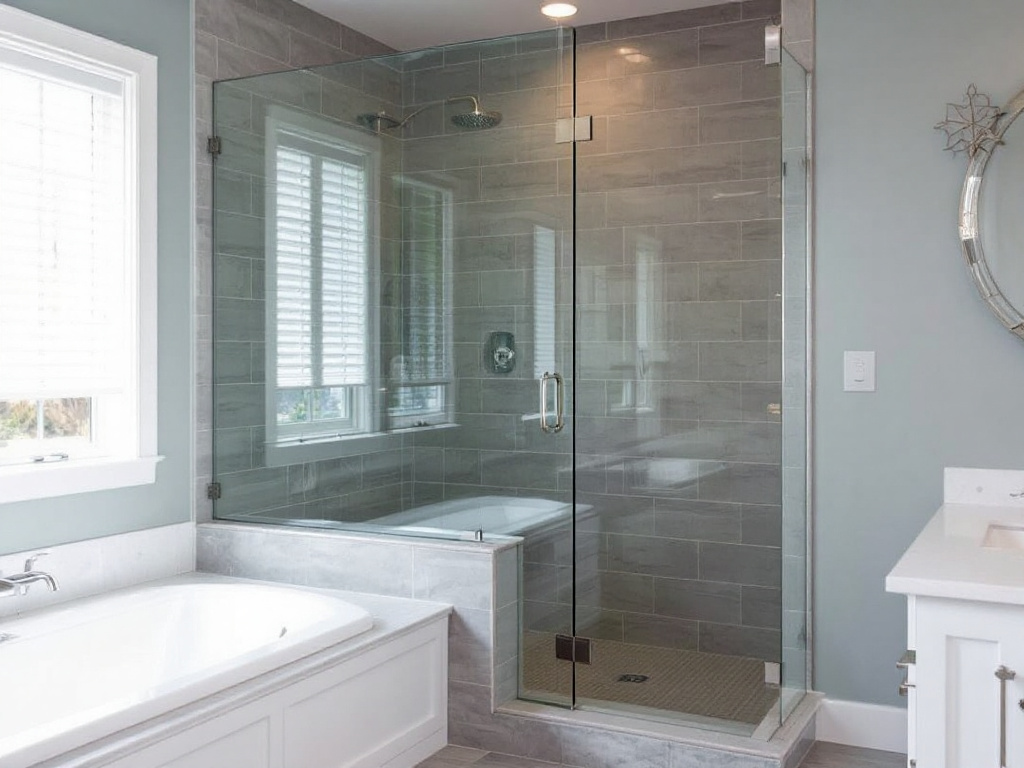 Alt Text: Custom-made glass shower door enhancing the aesthetic appeal of a bathroom. 