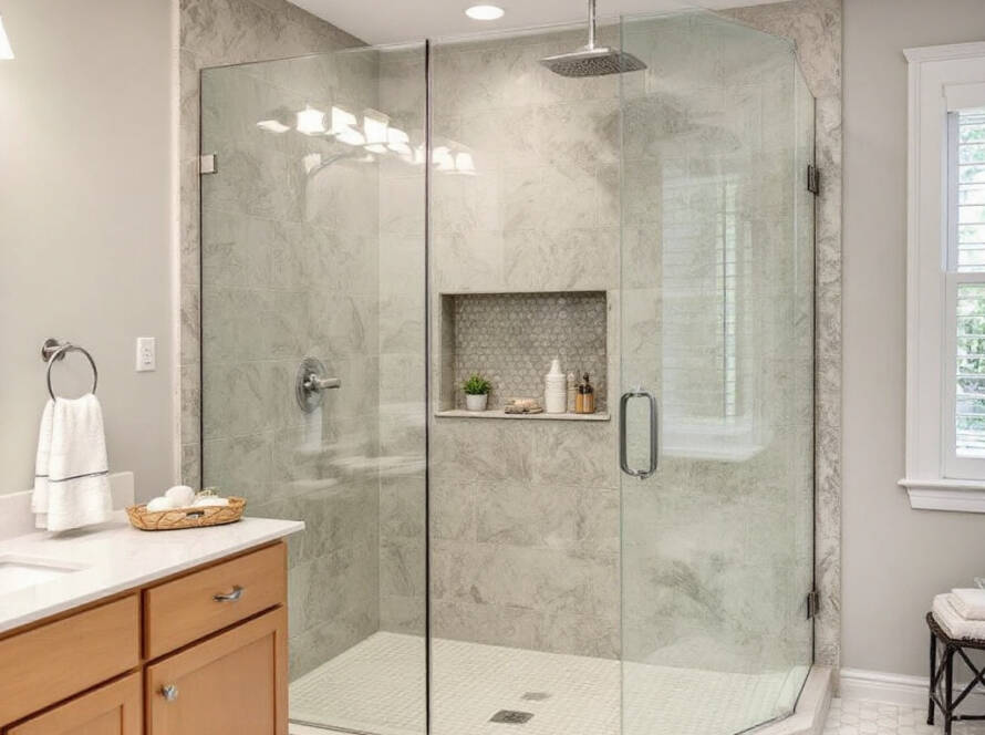 A luxurious custom frameless shower enclosure in a modern and contemporary design, located in Wayland, MA.