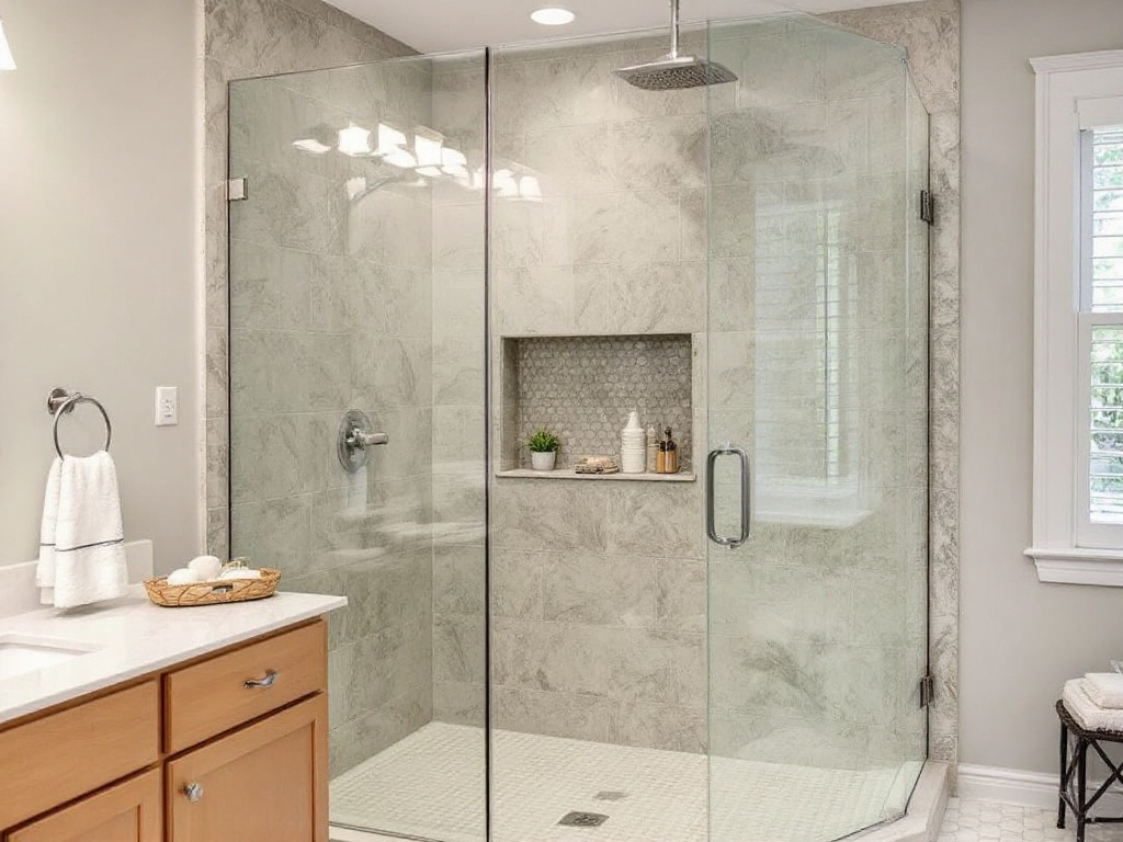 A luxurious custom frameless shower enclosure in a modern and contemporary design, located in Wayland, MA.