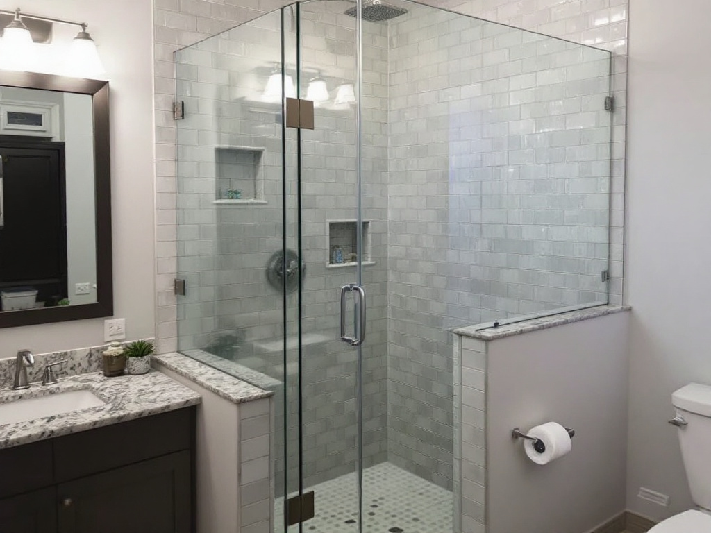 Elegant frameless shower enclosures in a lavish bathroom in Wayland, MA.