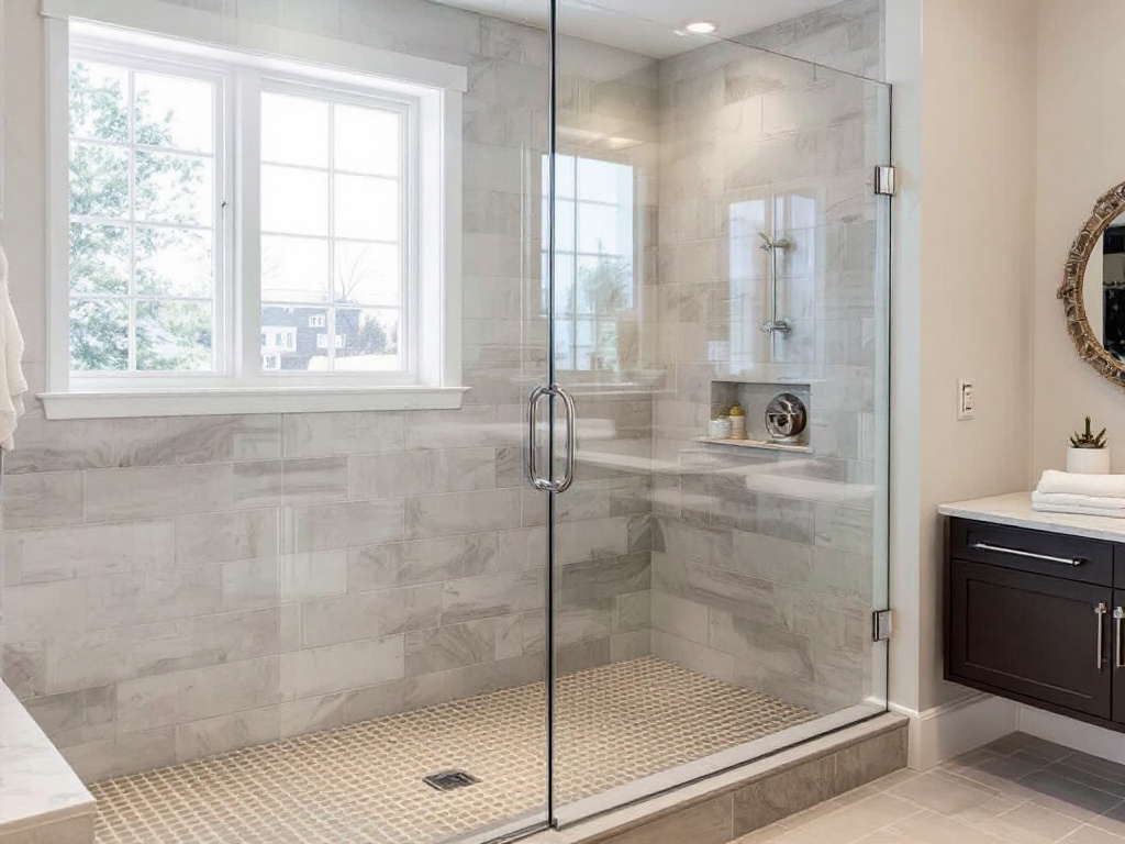 Specialized craftsperson installing frameless shower doors in a bathroom near Weymouth, MA.