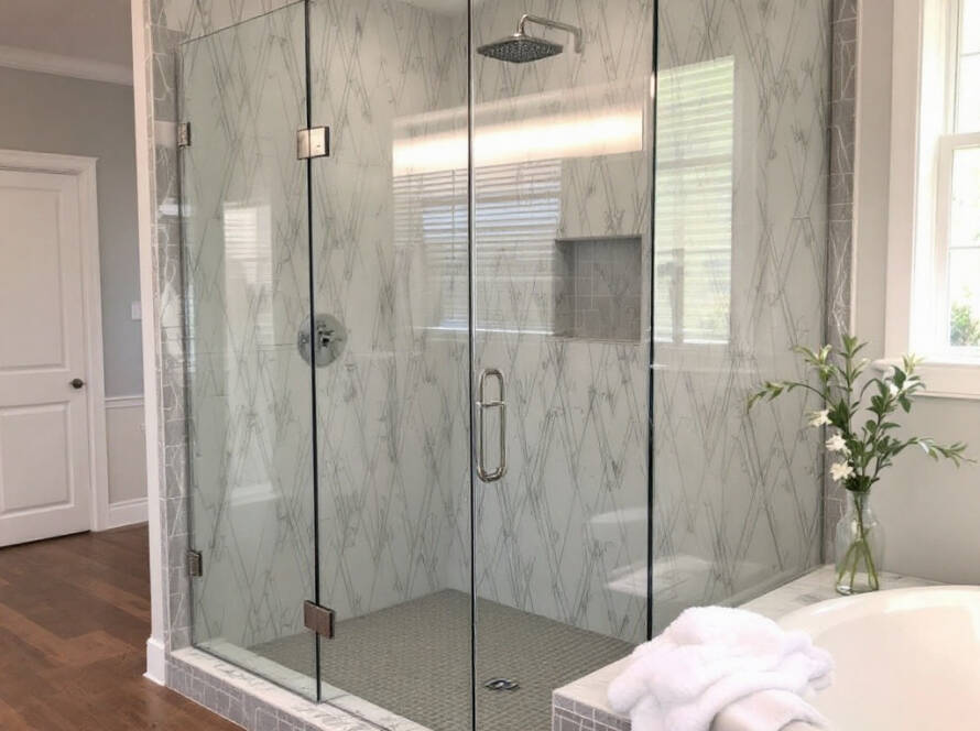 A glimpse at the finest glass shower installations in Tewksbury, MA, showcasing modern and contemporary design.