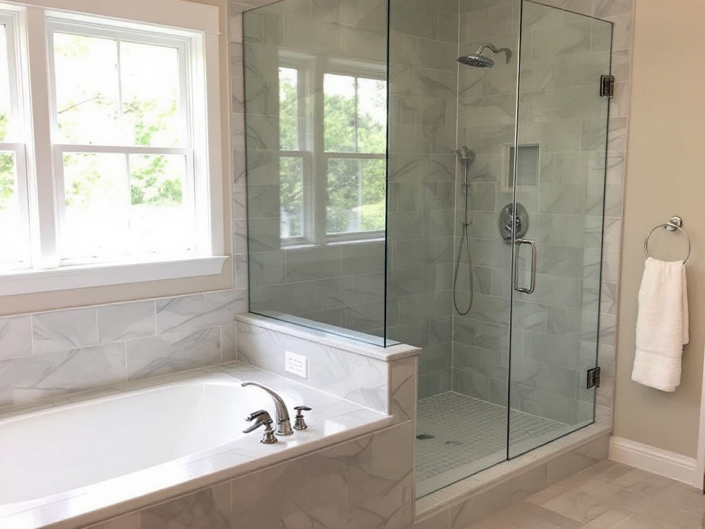 Experienced glass shower installers at work in Tewksbury, MA.