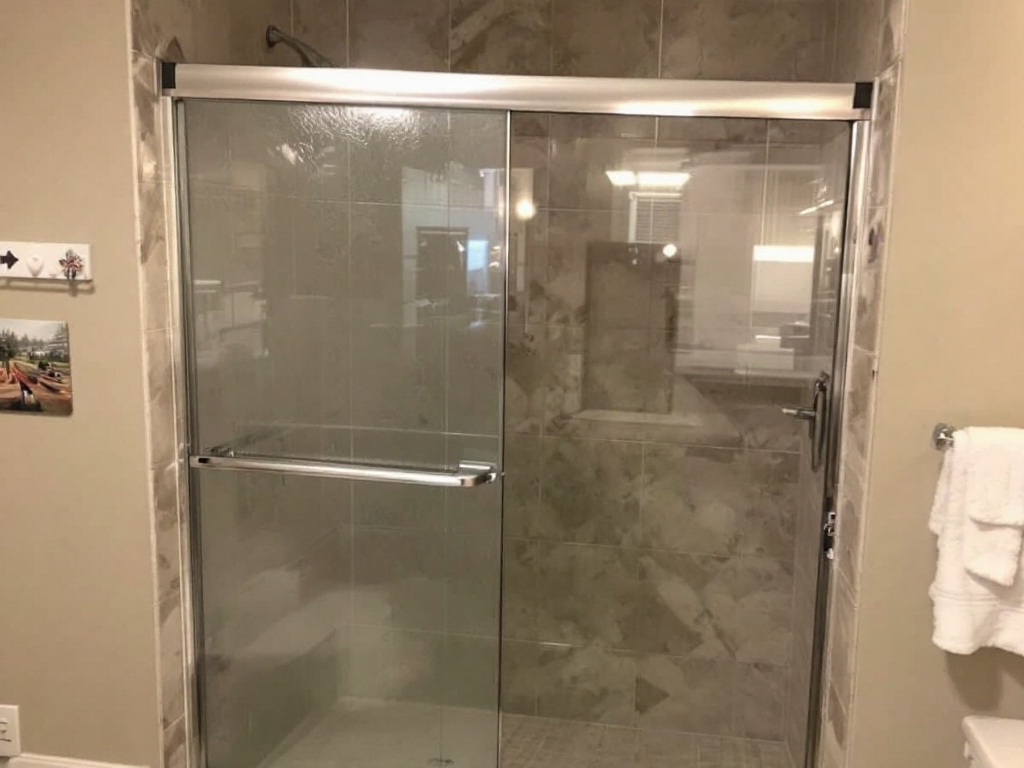 A professional installing contemporary-design sliding shower doors in Wakefield, MA.