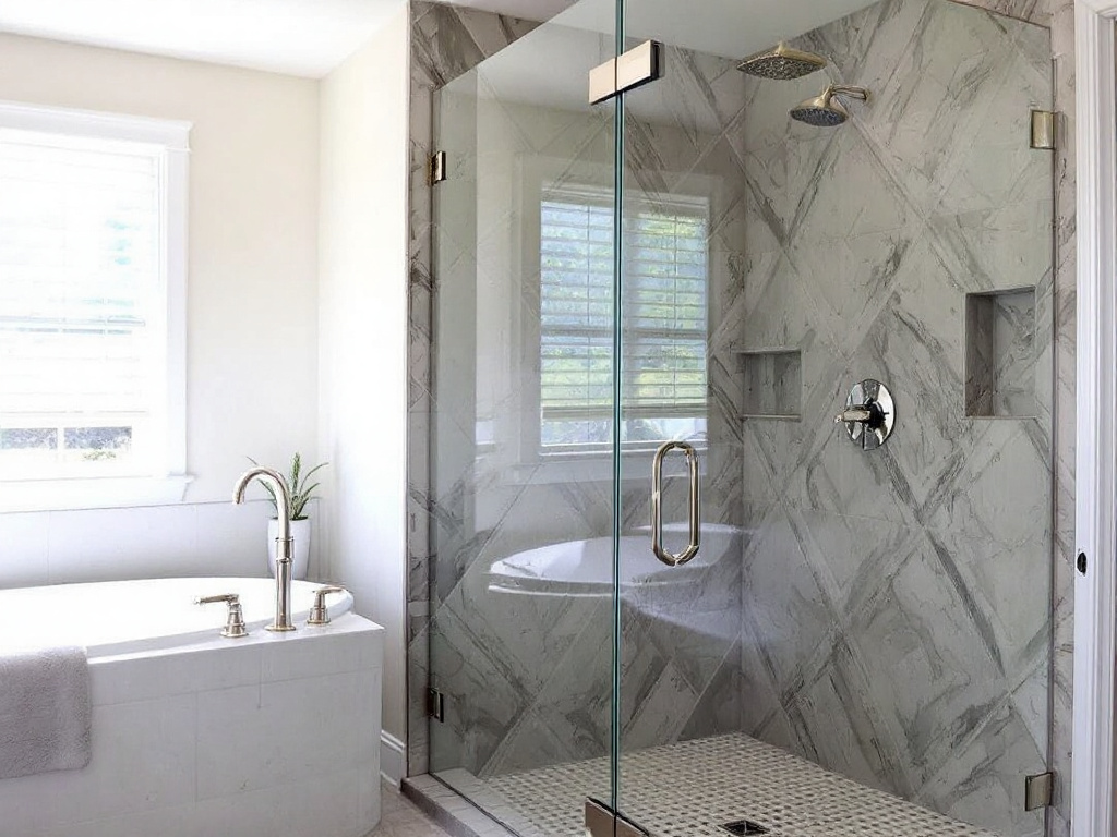 Image showing a stunning custom frameless design of a modern and contemporary glass shower door installation project happening near Andover, MA.