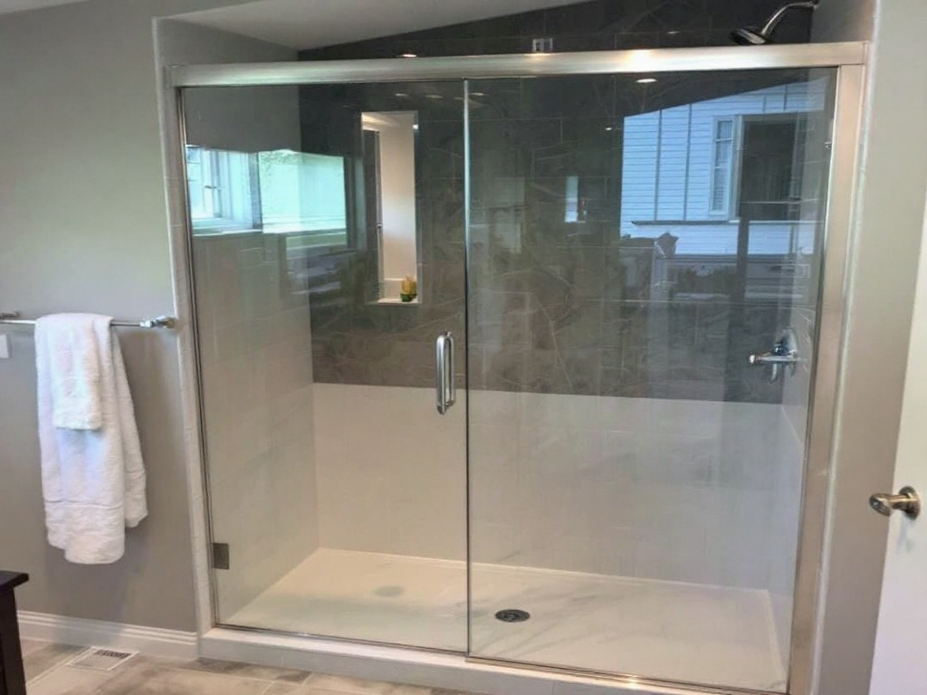 A custom frameless designed glass shower door being installed in an Andover, MA home.