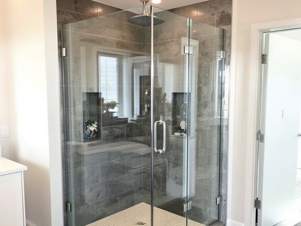 A modern, contemporary frameless glass shower door installation in Medford, MA.