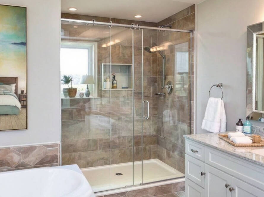 Alt Text: Modern and contemporary bathroom sliding door installation with an elegant design done masterfully near Rockland, MA.