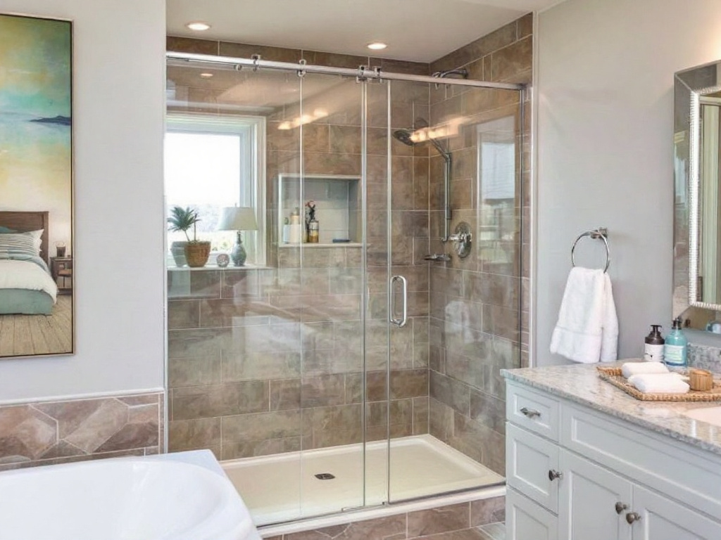 Alt Text: Modern and contemporary bathroom sliding door installation with an elegant design done masterfully near Rockland, MA.