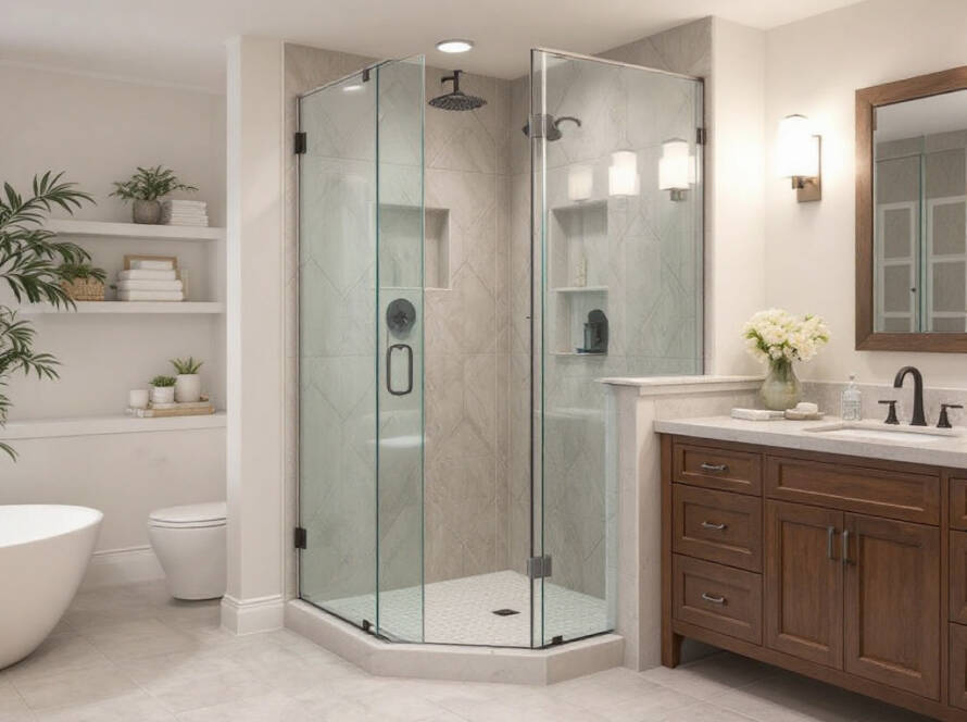 Alternative text: Professionally installed, contemporary shower door in Hanover, MA exhibiting modern design.