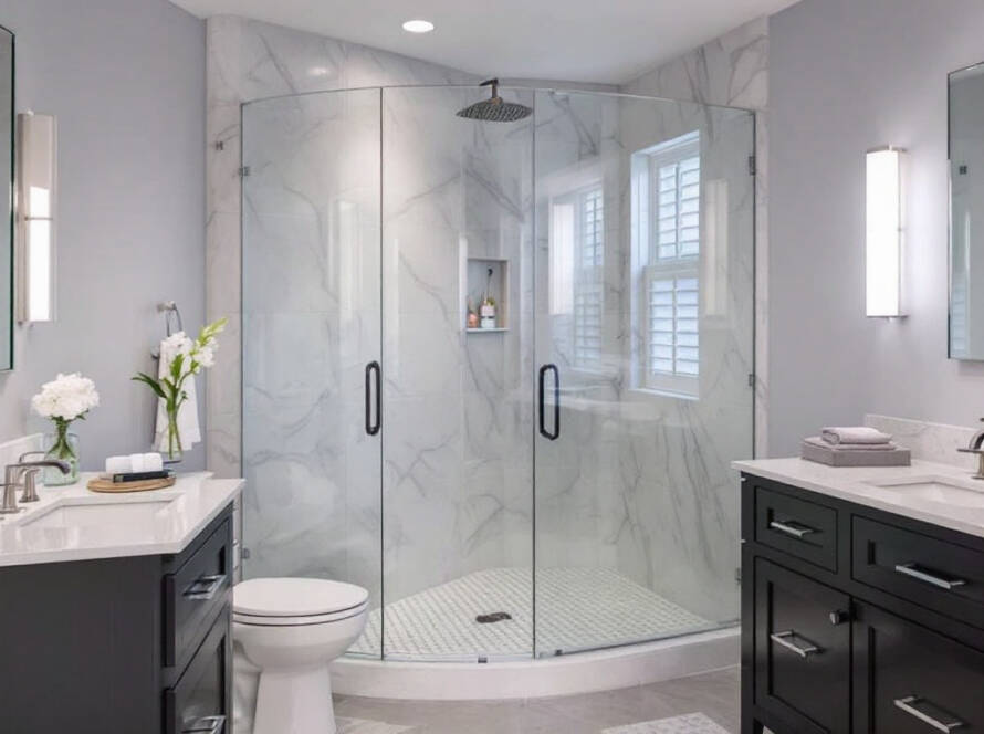 Custom Frameless Shower Enclosure in a modern, contemporary bathroom near Waltham, MA.