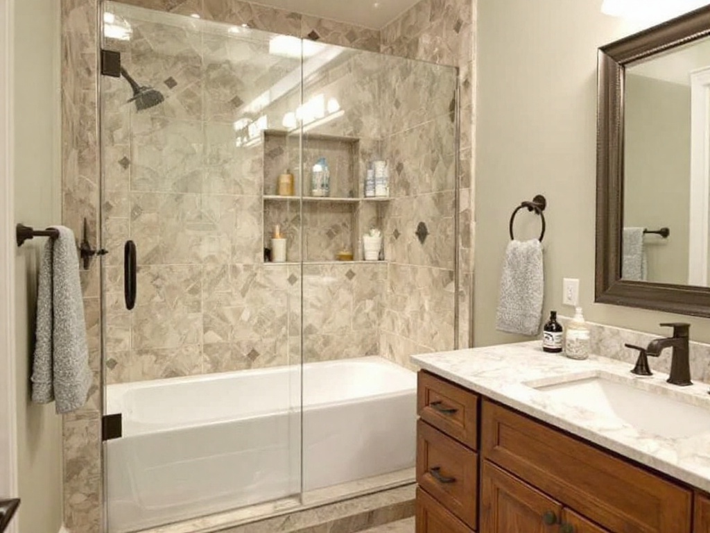 Newly installed modern, contemporary design shower door enhancing aesthetic in a Boston bathroom.