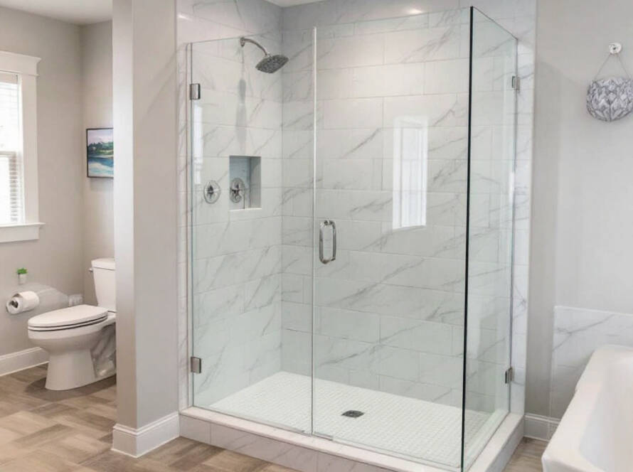 Skilled craftsmanship illustrated through modern, contemporary design of a newly installed shower door in Hanover MA.