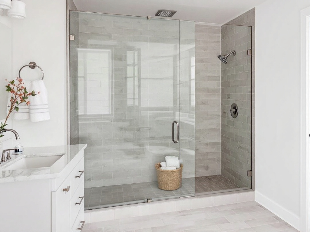 Custom frameless shower enclosure installation in a modern contemporary design, Waltham, MA. 