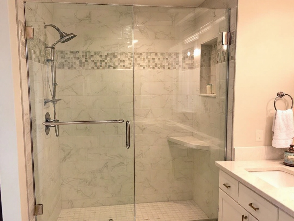 A professionally installed, flawless, elegant shower door by Glass Pro in Boston depicting a modern and contemporary design.