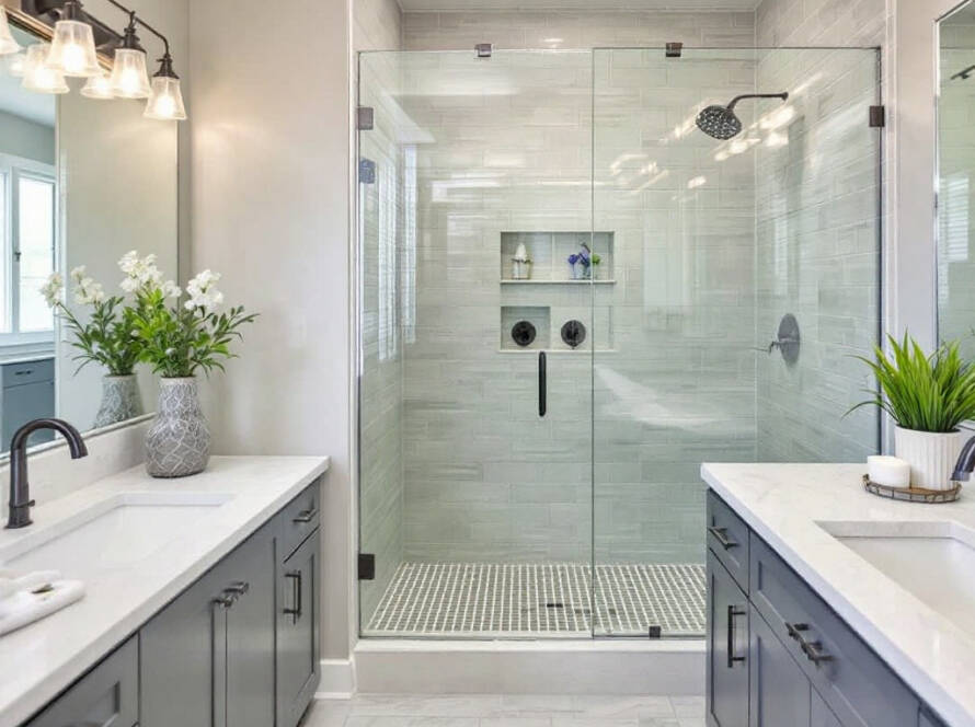 Modern glass shower doors installation in a Boston home, showcasing a contemporary design.