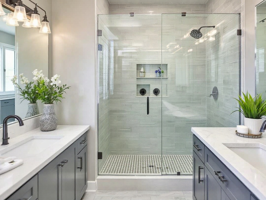 Modern glass shower doors installation in a Boston home, showcasing a contemporary design. 