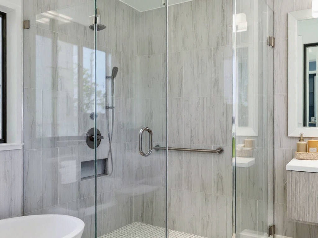 An elegant glass shower door enhancing the beauty of a Boston bathroom.