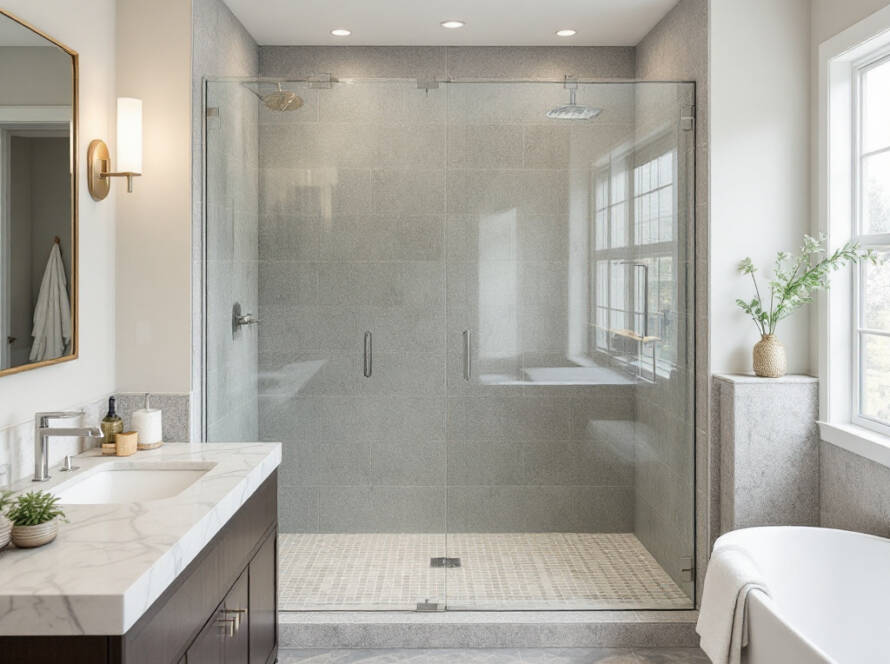 Modern glass shower doors enhancing the contemporary look of a bathroom.