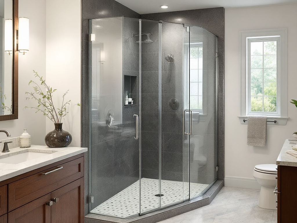 A luxurious bathroom featuring glass shower doors, redesigned by Boston Custom Frameless Solutions.