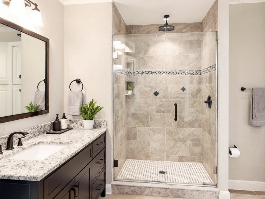 A beautifully designed custom shower door newly installed in a renovated bathroom near Boston.