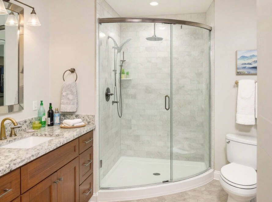 Semi-frameless shower door installation showcasing the modern and contemporary design in a Boston bath space.