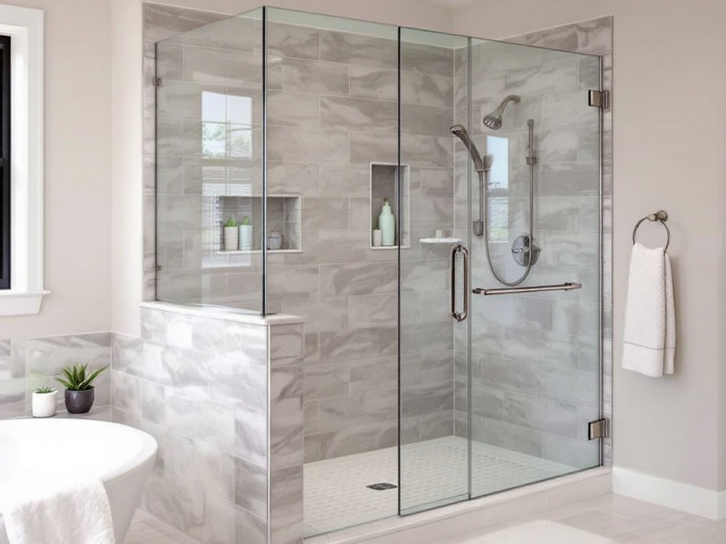 Alt Text: An expert installing a pre-purchased elegant glass shower door in a bathroom. 