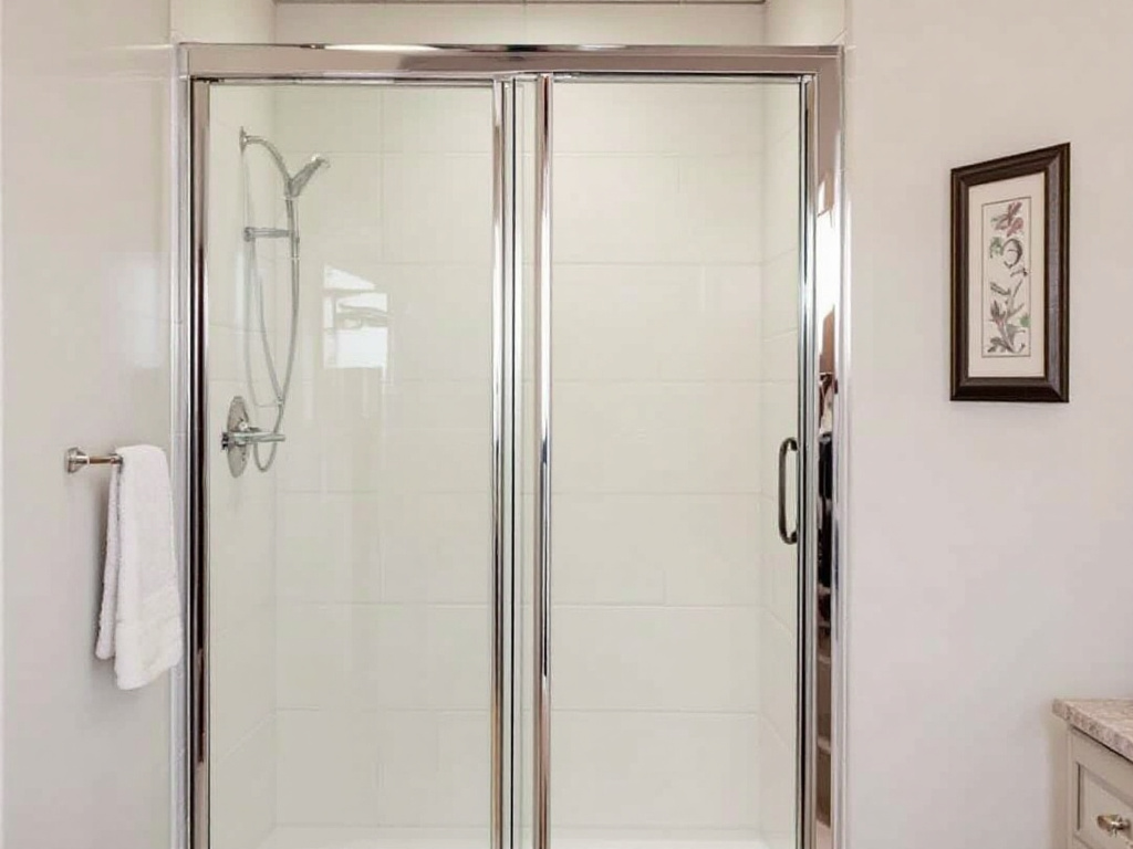 A modern bi-fold shower door being installed in a contemporary designed bathroom.