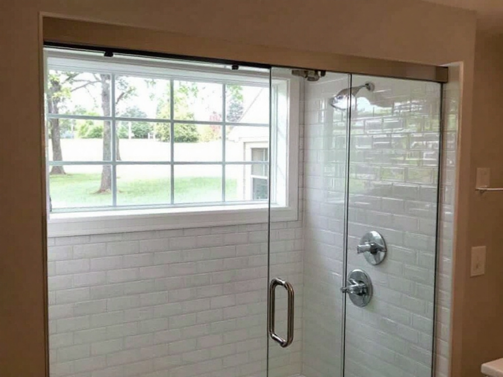 Expert tradesmen demonstrating contemporary sliding shower door installation near Wakefield, MA. 