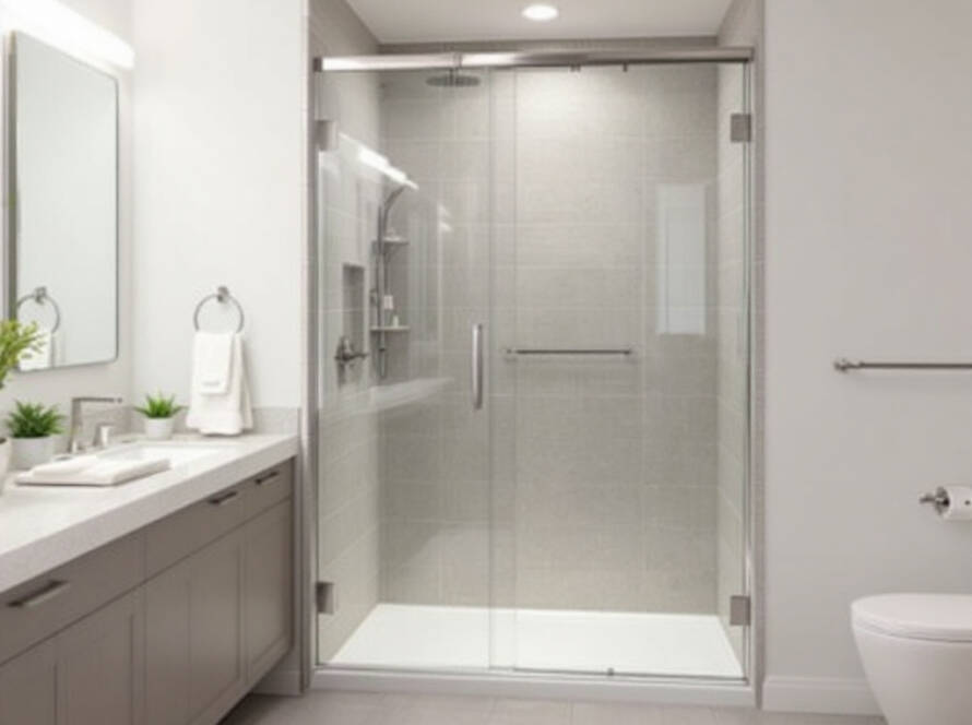 A contemporary hinged shower door installation that is revitalizing the aesthetic of a modern bathroom in Boston.