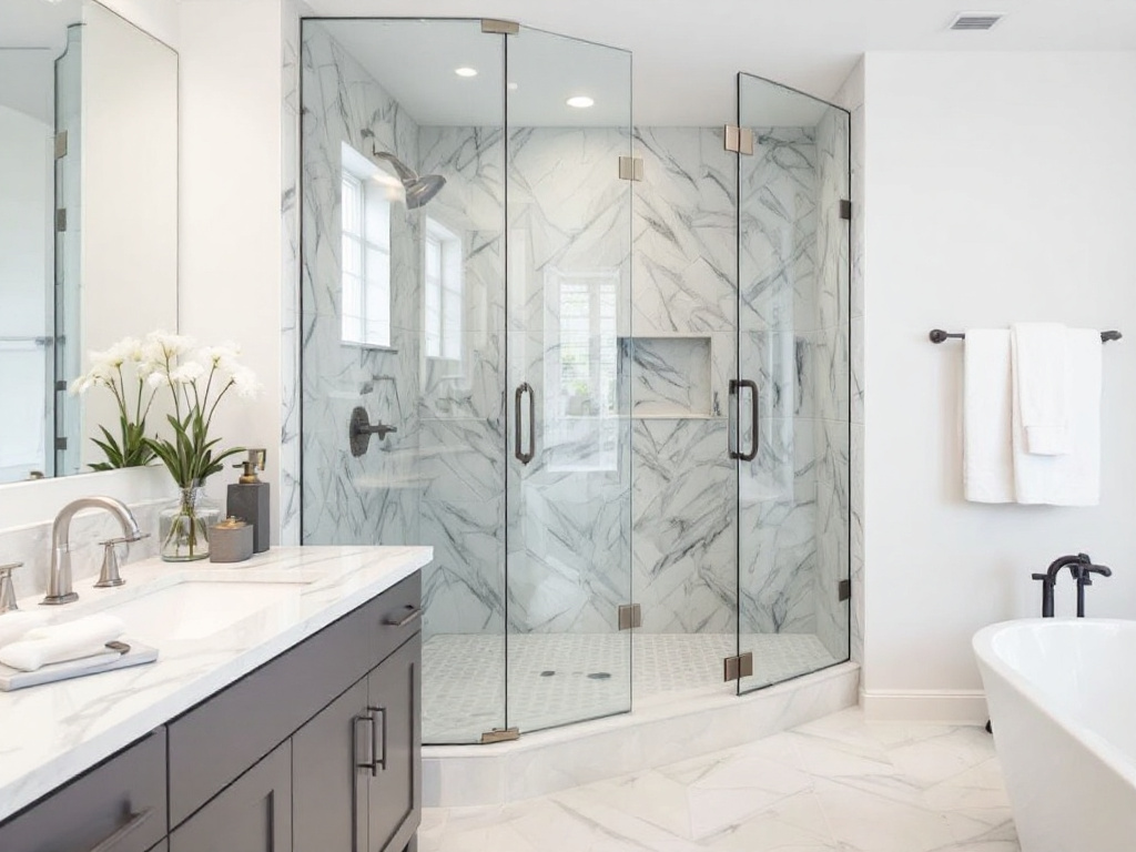 A newly installed hinged shower door enhancing the look of a bathroom in Boston.