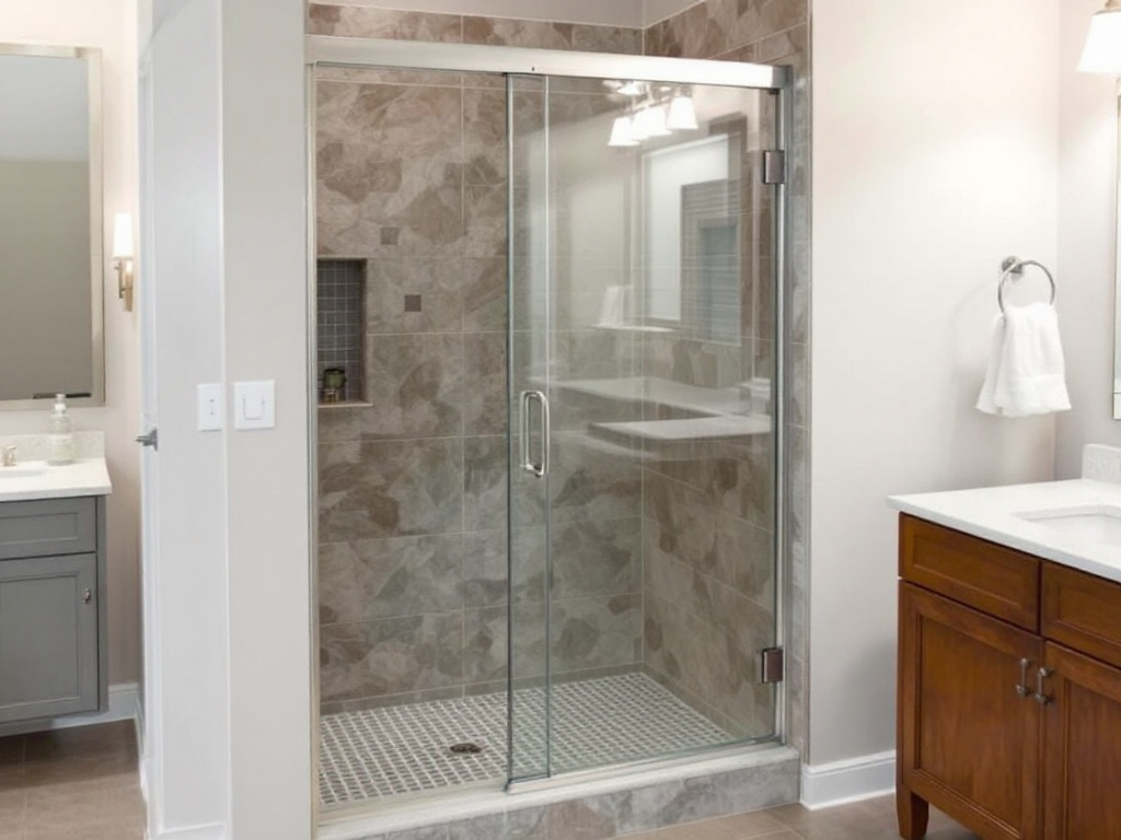 Shower door installation showcasing modern and contemporary design by professionals near Watertown, MA.