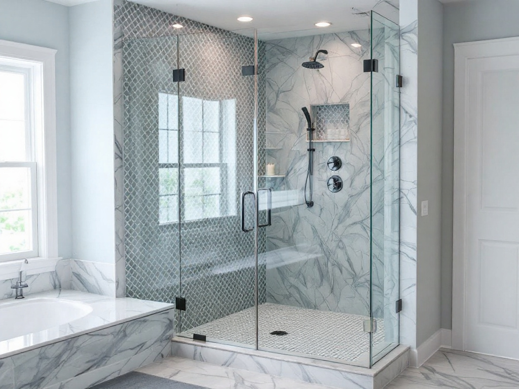 A newly installed custom frameless shower glass in a luxurious modern home in Saugus, MA.