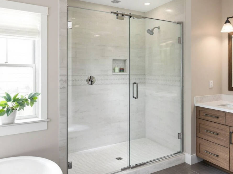 Modern hinged shower doors installed professionally in a Boston bathroom.