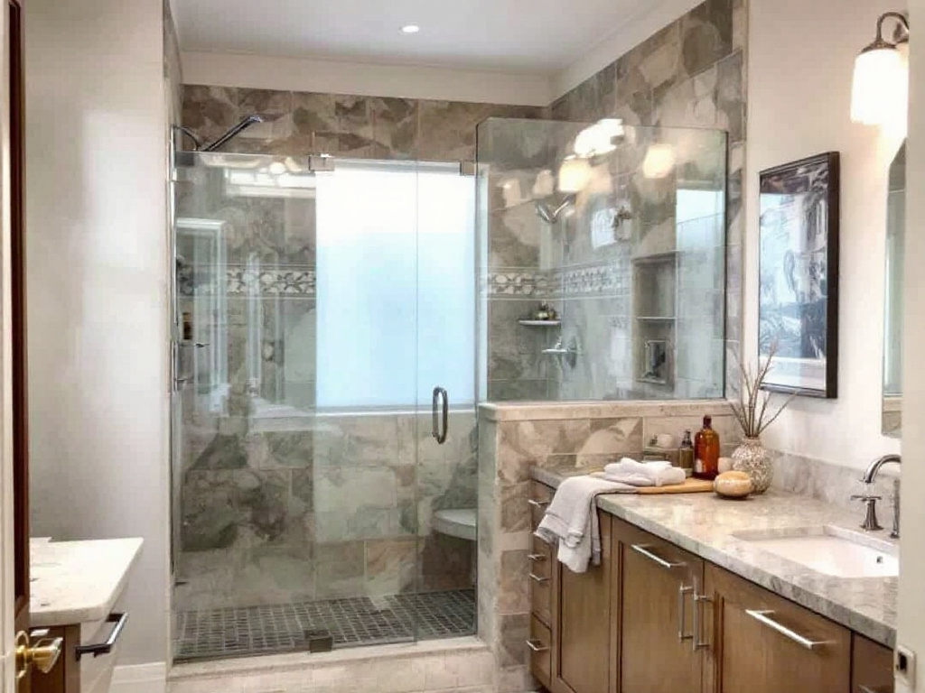 Modern and upscale Boston home with newly installed hinged shower doors.