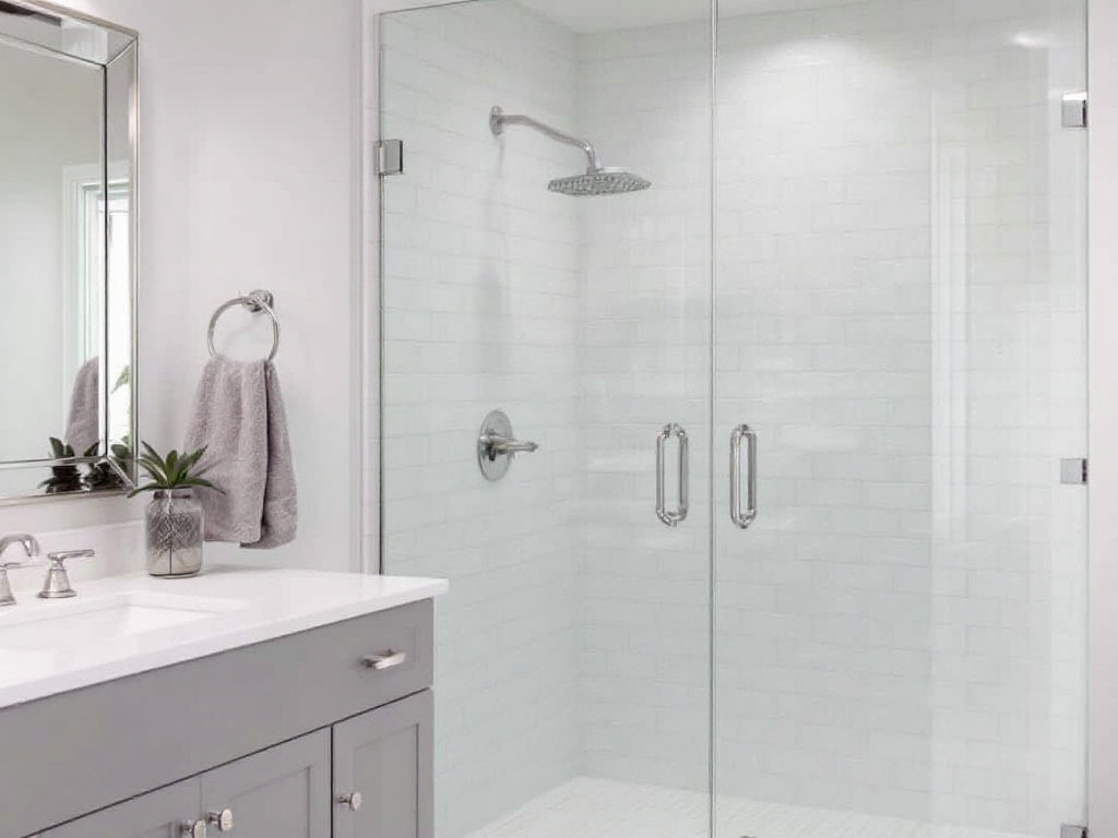 A sleek modern frameless shower door installed in a bathroom near Hopkinton MA, reflecting a contemporary design.