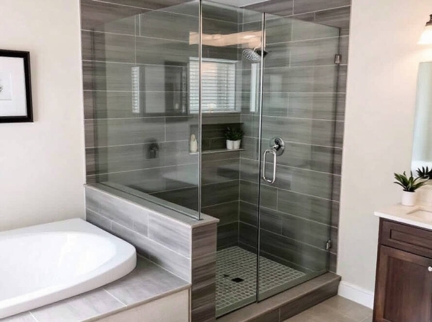 Sleek frameless shower glass installed in a modern bathroom in Maynard, MA.