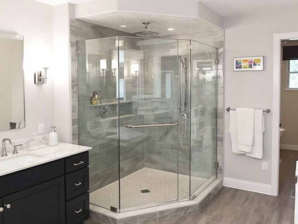 Alt Text: Luxurious custom frameless shower glass installed in a fine bathroom near Ashland, MA.