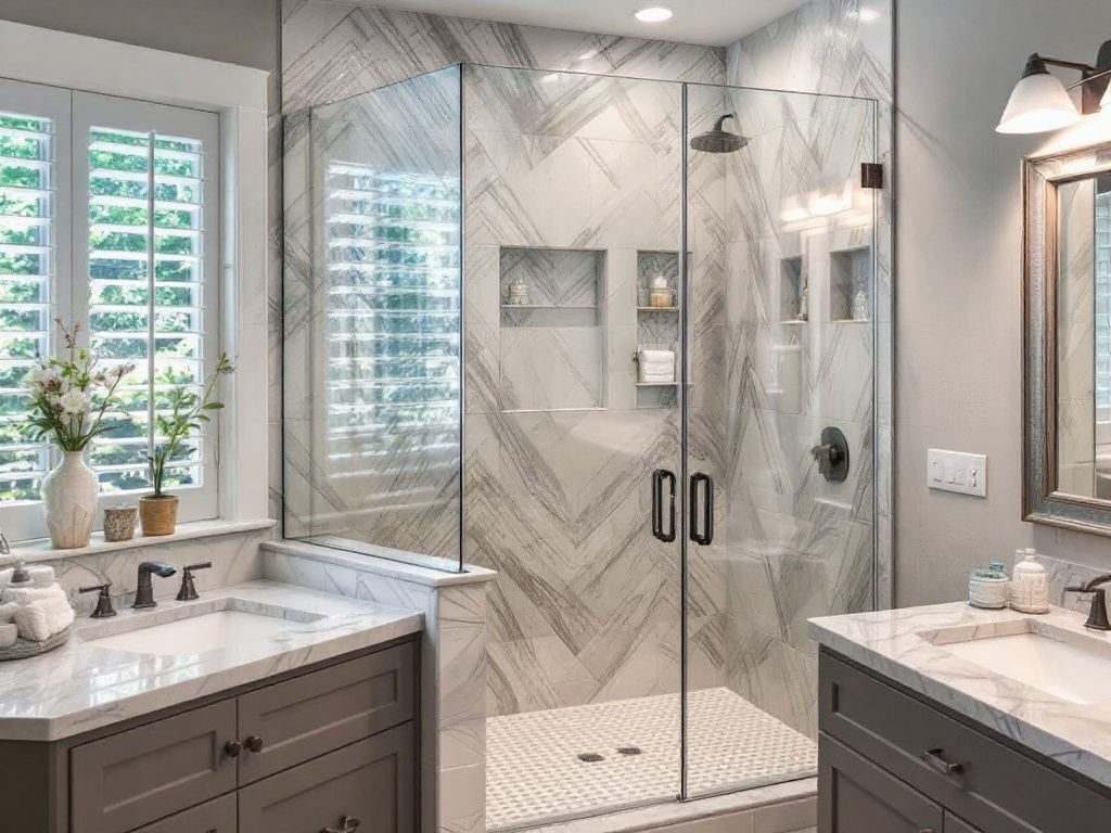 Alternative text: Sleek and modern shower design with custom glass door installation in Boston. 