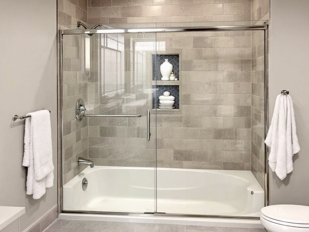 A perfectly installed bathtub door in a Medfield, MA home showcasing expert craftsmanship.