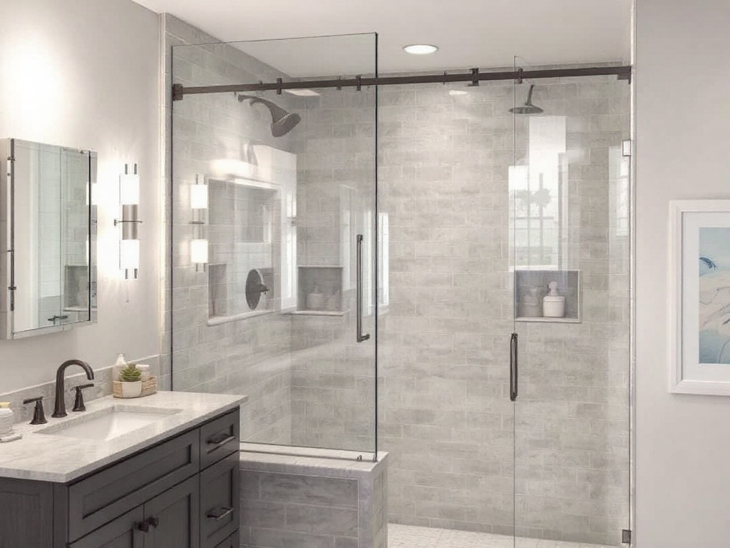 Skilled artisan providing expert shower glass installation service in a modern, contemporary design setting near Weston, MA.