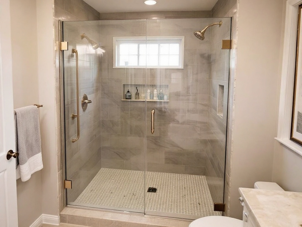 Chic, modern bathroom showcasing pristine frameless shower door installation near Weymouth, MA.