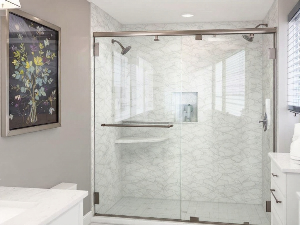 Luxurious frameless shower door installed in a modern Weymouth, MA bathroom.