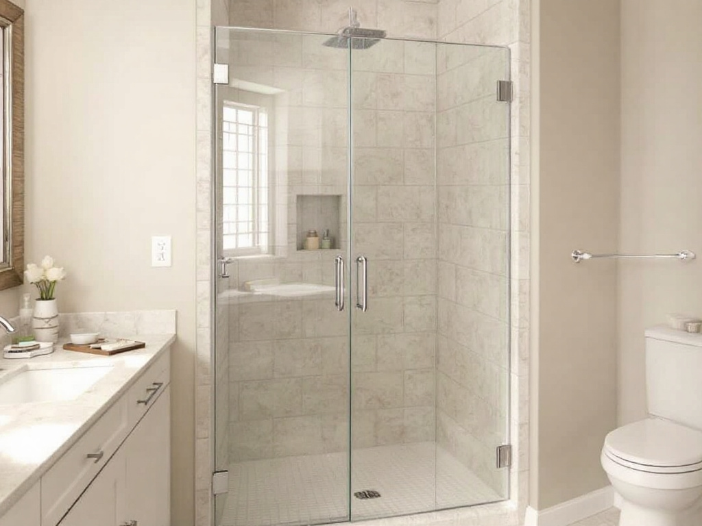 Professional installation of a sleek, glass shower door, enhancing the entire look of a bathroom in Boston.