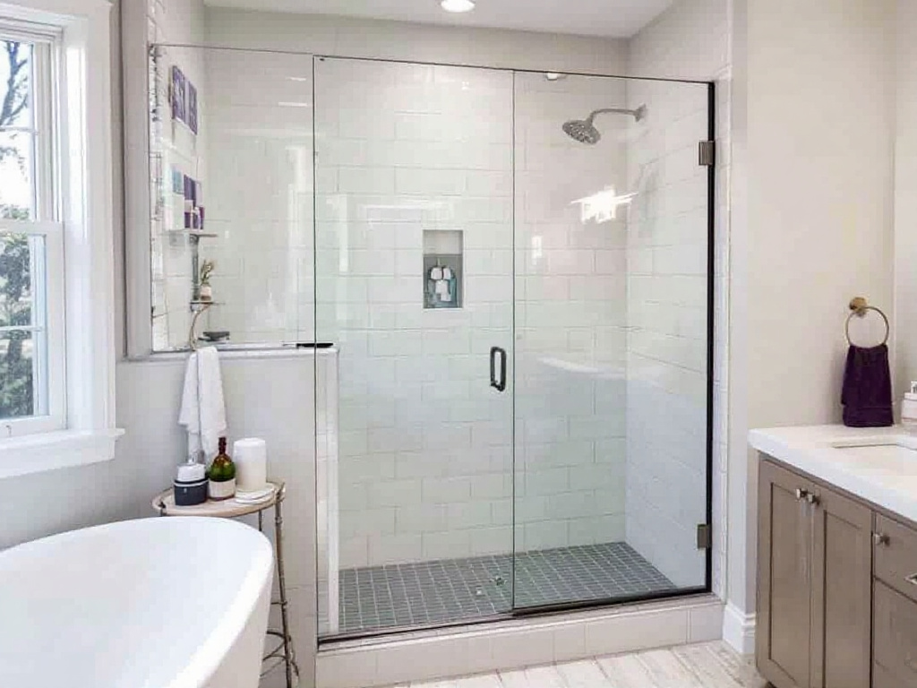 Alt Text: Quality sliding shower door with modern and contemporary design installed by expert installers in Dedham, MA.