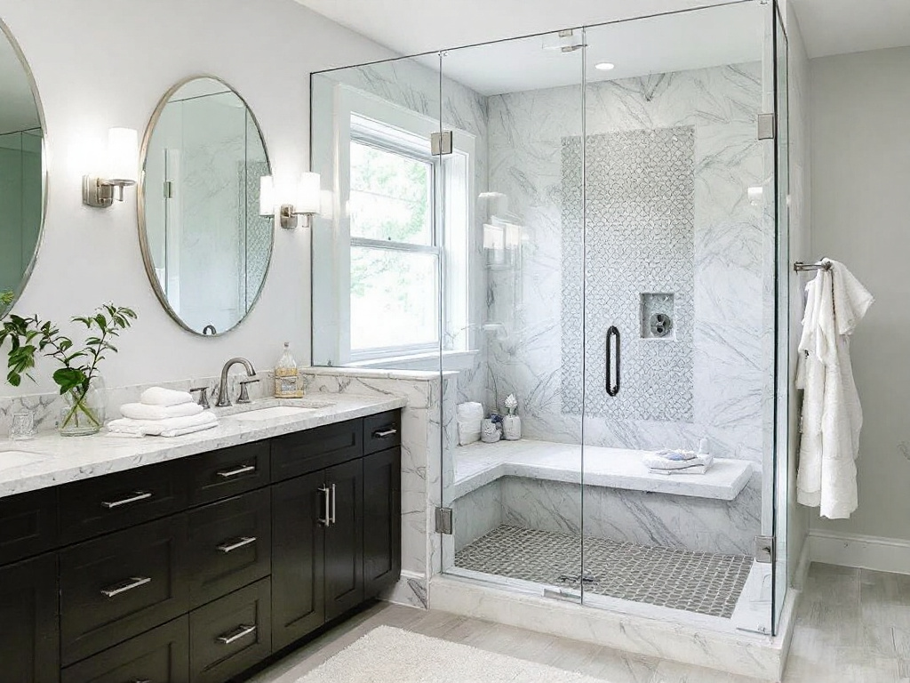 A modern, contemporary designed bathroom featuring a custom frameless shower door installation near Boston MA.