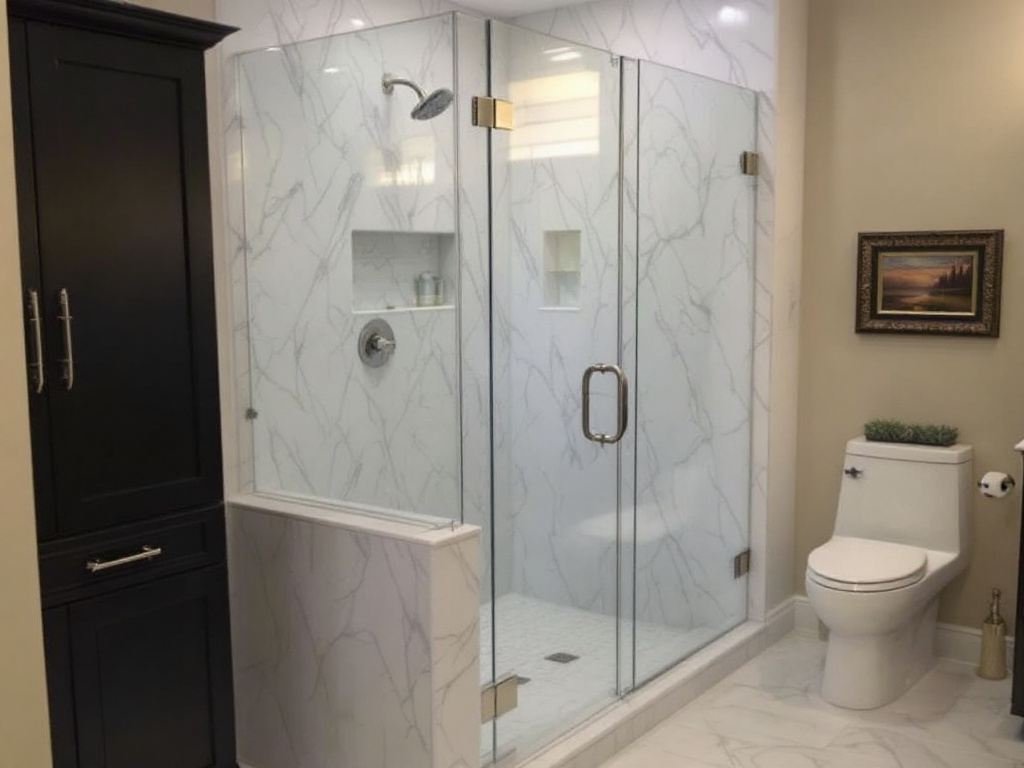 Image showcasing a modern bathroom with beautifully installed frameless glass shower doors by a Boston-based custom glass solution provider.